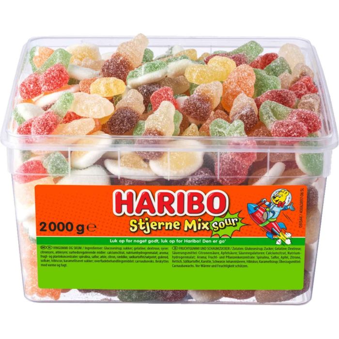 Haribo Stjerne Mix Sour 2 kg mit verschiedenen sauren Fruchtgummis und einigen Marshmallow-Stückchen
